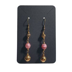 Rose Gold Tone Drop Earrings Pink Beaded Long Dangle Hook Lightweight Mom Gift